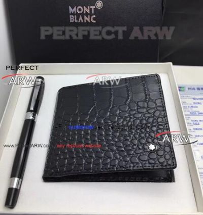 Perfect Replica 2019 Mont blanc Purses Set Black Rollerball Pen and Crocodile Carved Wallet